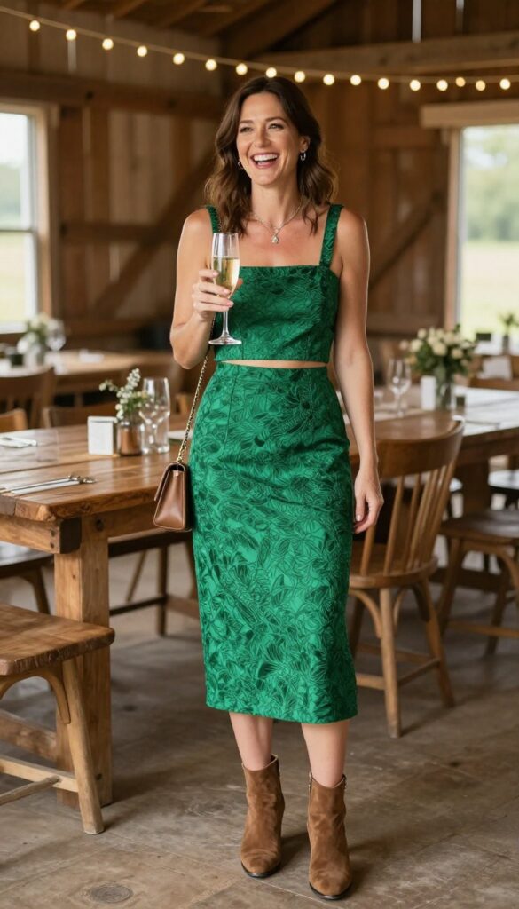 Woman in her 40s wearing an emerald brocade crop top and high-waist skirt at a barn wedding, laughing and holding champagne