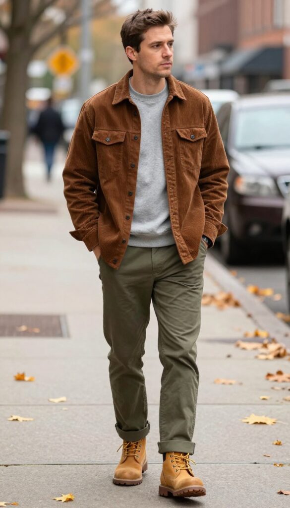 2. Earthy Tones in a Corduroy Shirt Jacket