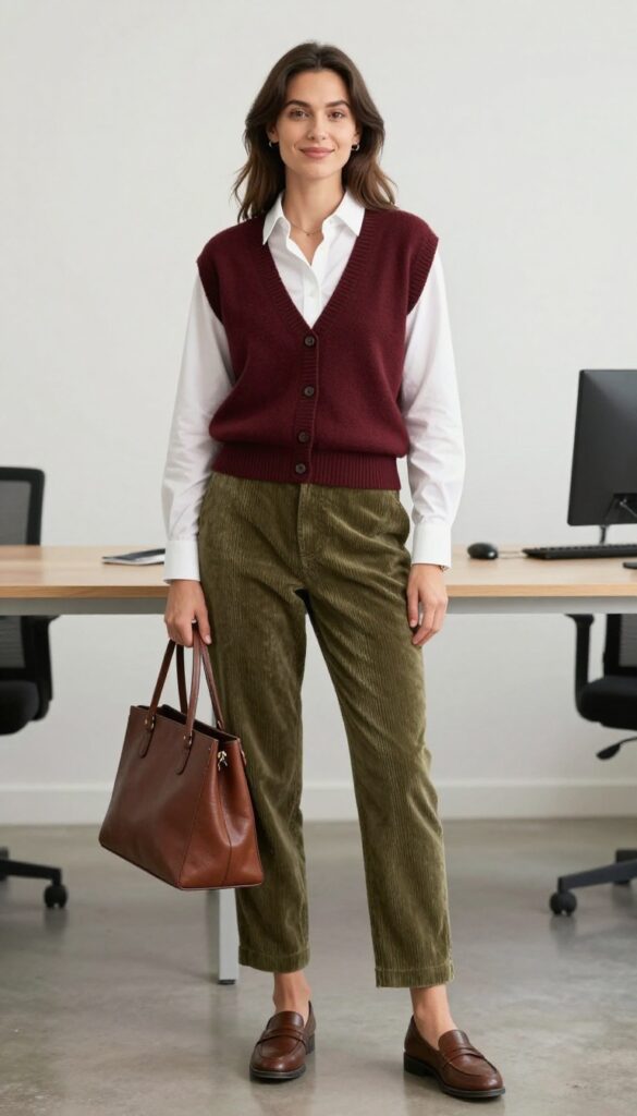 12. Button-Down + Cardigan + Corduroy Pants