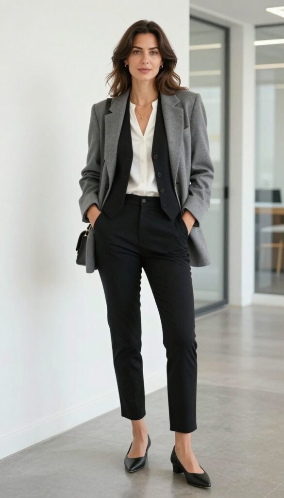 9. Black Vest + Oversized Blazer + Cigarette Pants
