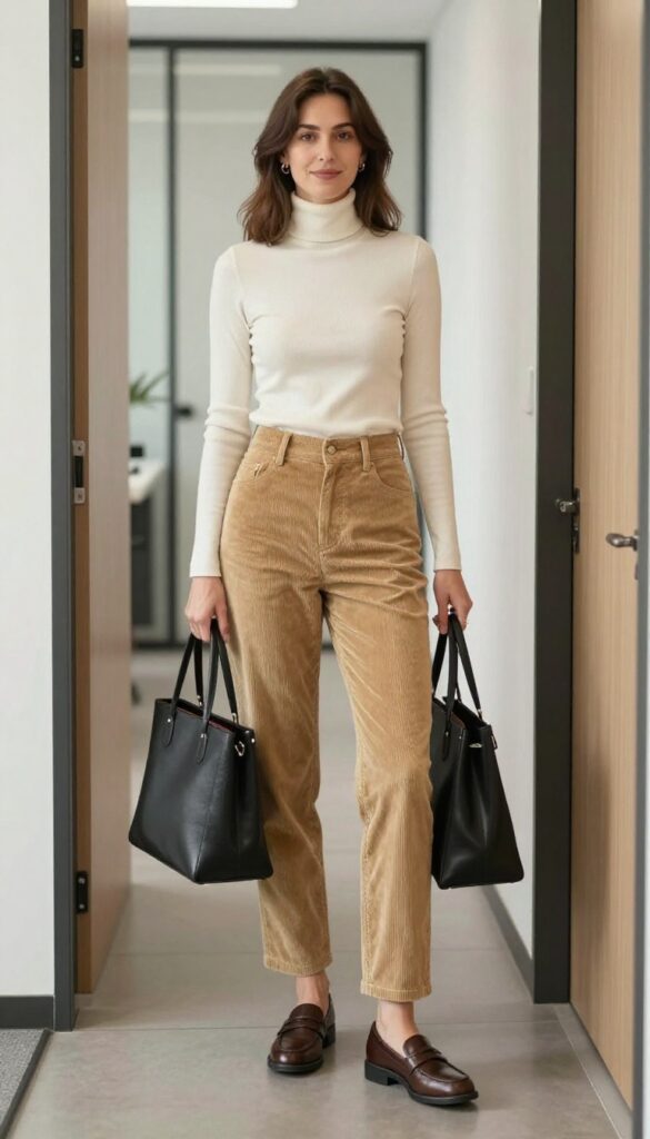 7. Turtleneck + Corduroy Pants + Loafers