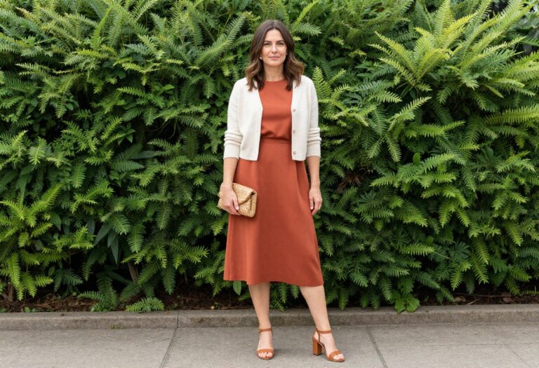 Woman in terracotta midi dress with cropped cardigan and block heels in a garden