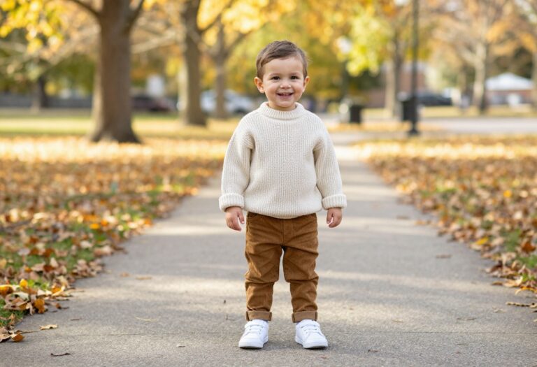 Toddler boy in chunky knit sweater and corduroy pants for fall