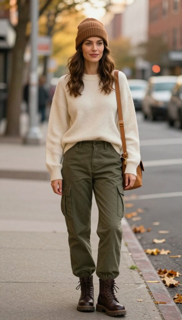 8. Espresso Brown Boots with Olive Green Cargo Pants