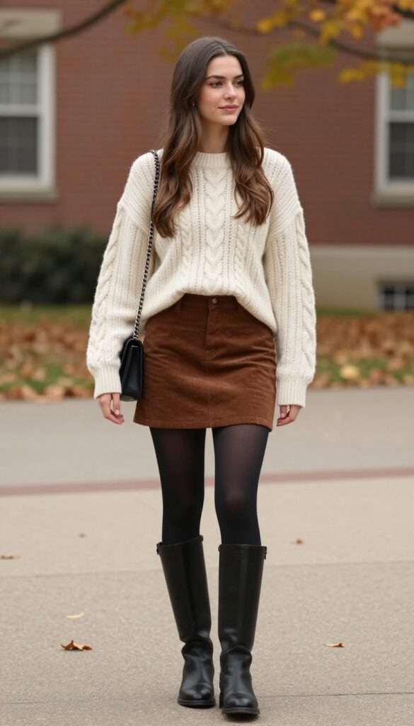 12. Cable-Knit Sweater with Corduroy Skirt and Knee-High Boots