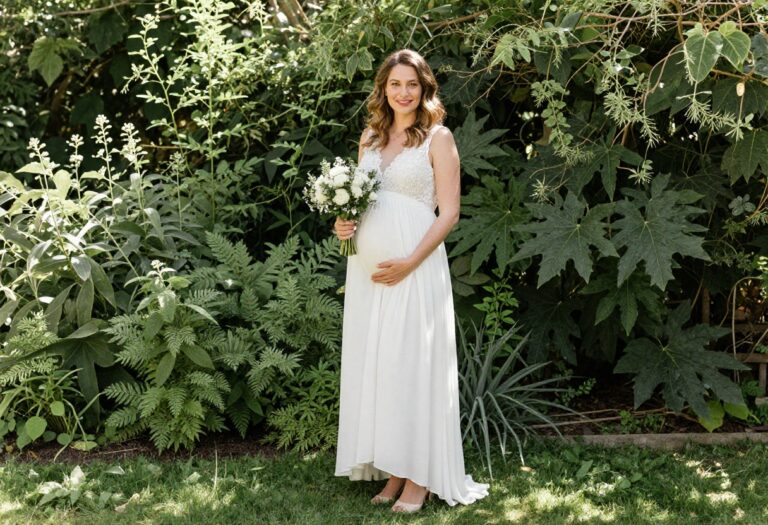 Pregnant bride in white empire waist wedding dress standing in garden with bouquet
