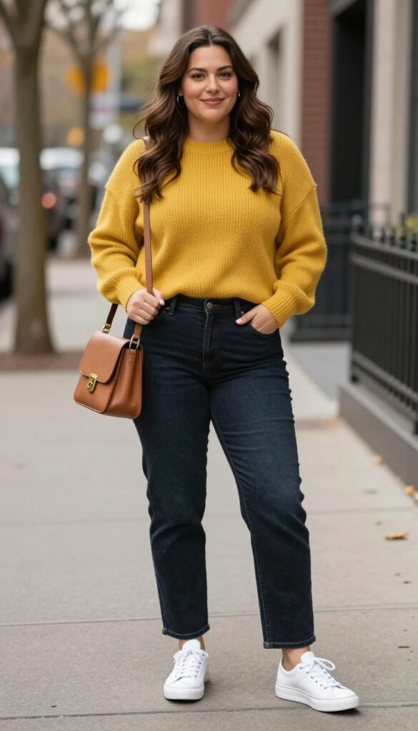 6. Mustard Yellow Sweater + Dark Wash Jeans + White Sneakers