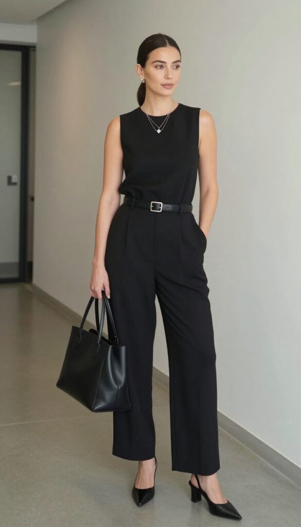 11. Black Jumpsuit + Wide Belt + Heeled Mules