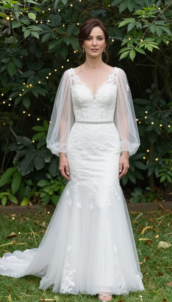 Woman in white mermaid wedding dress with illusion tulle sleeves and embellished bodice, standing in garden with fairy lights.