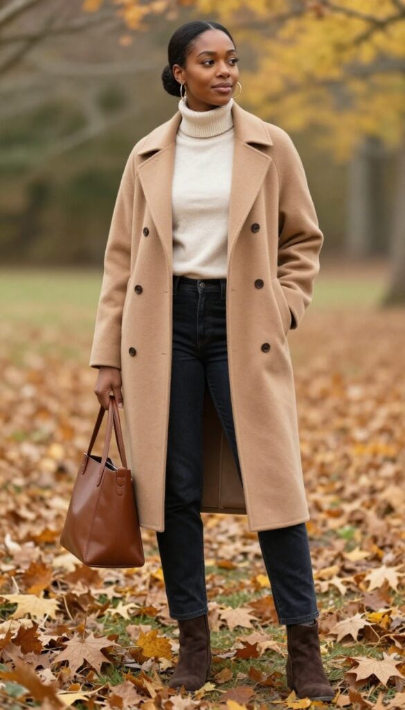 1. Camel Coat + Turtleneck + Straight-Leg Jeans + Ankle Boots