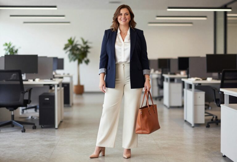 Plus size woman in navy blazer and wide-leg trousers standing in office lobby