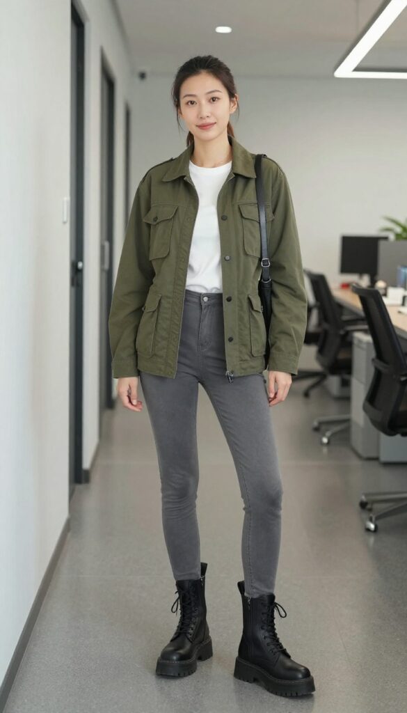 7. Olive Green Utility Jacket + Gray Skinny Pants + Combat Boots