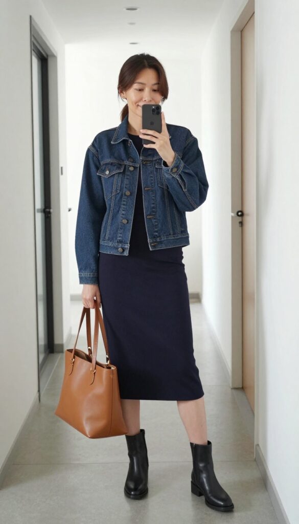 10. Denim Jacket + Midi Dress + Ankle Boots