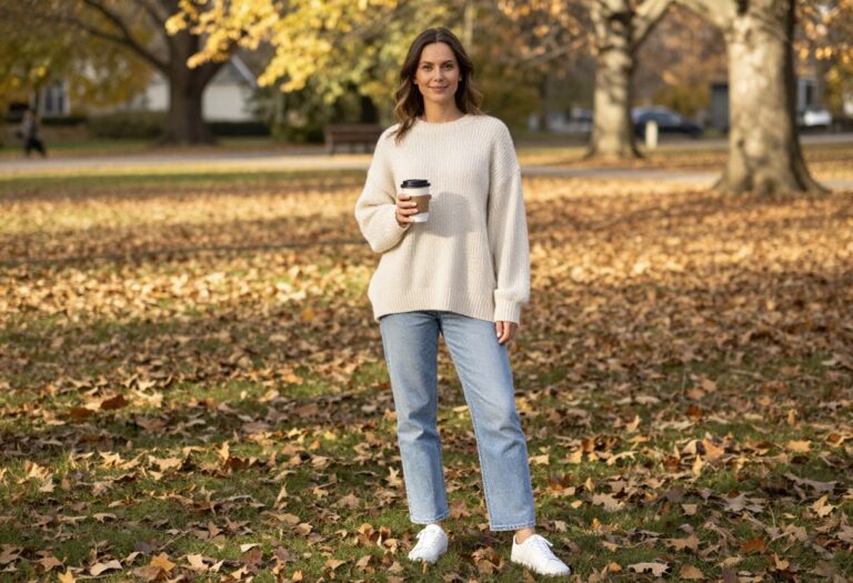 Woman in oversized cream sweater and straight-leg jeans standing in autumn park with coffee