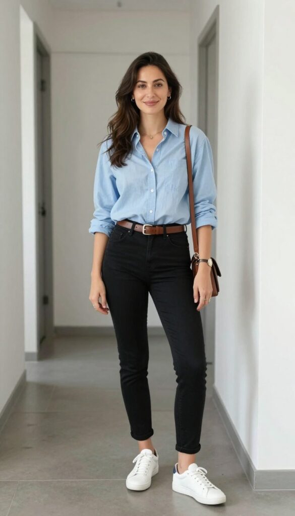 8. Chambray Shirt + Black Skinny Pants