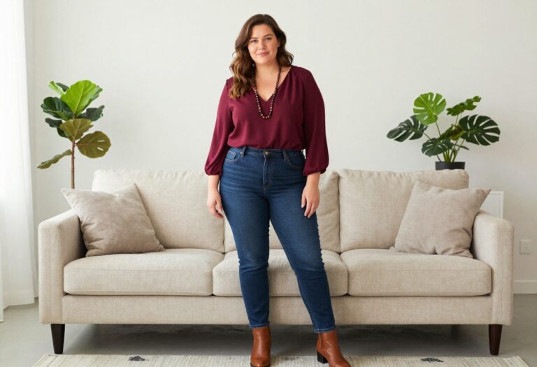 Plus size woman in dark jeans and flowy blouse with ankle boots, standing in a bright living room