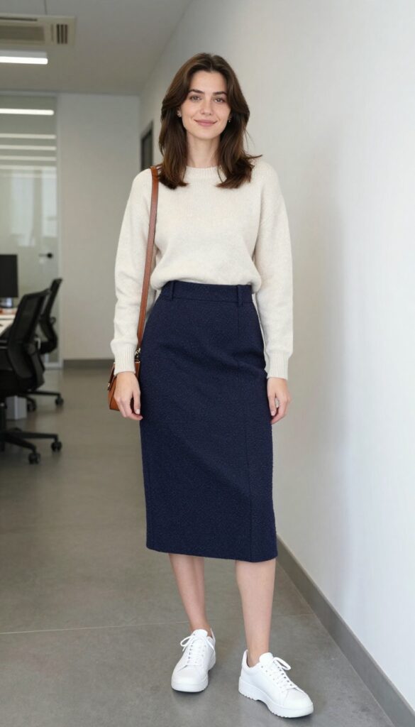 2. Midi Skirt + Knit Sweater + Chunky Sneakers