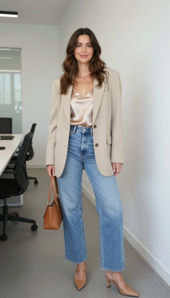 11. Oversized Blazer + Silk Camisole + Wide-Leg Jeans