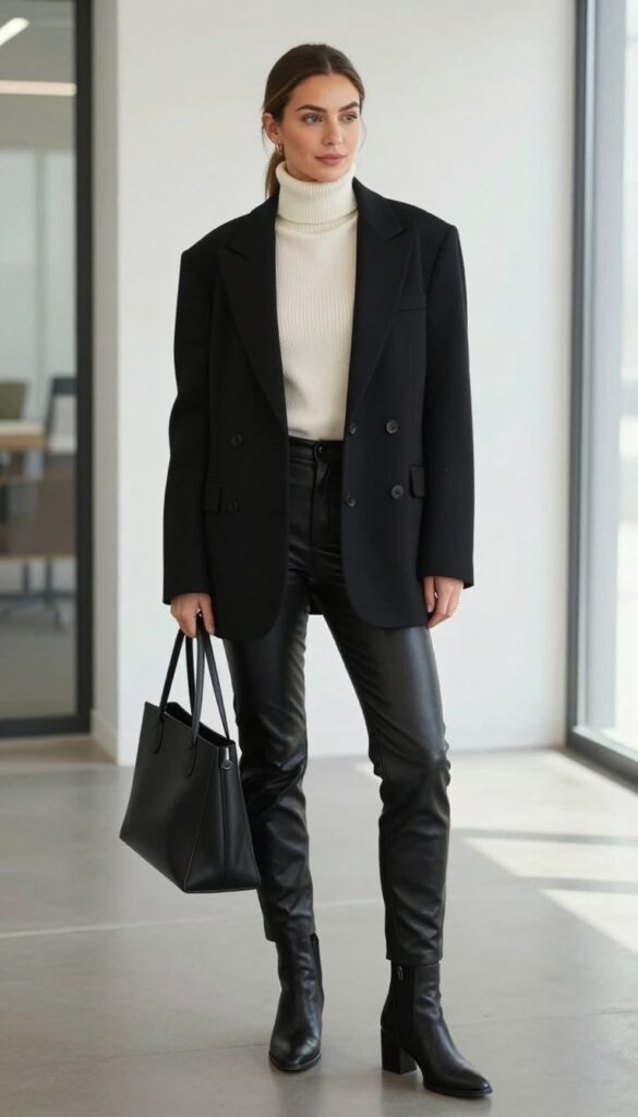 5. Turtleneck + Leather Pants + Blazer