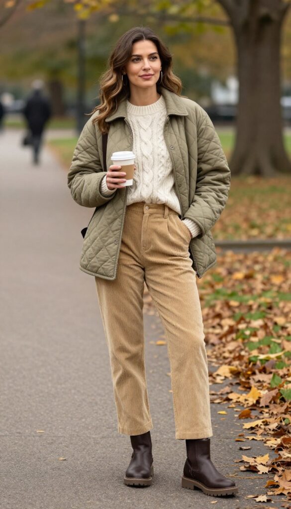 10. Quilted Jacket + Cable Knit Sweater + Corduroy Pants + Lug Sole Boots
