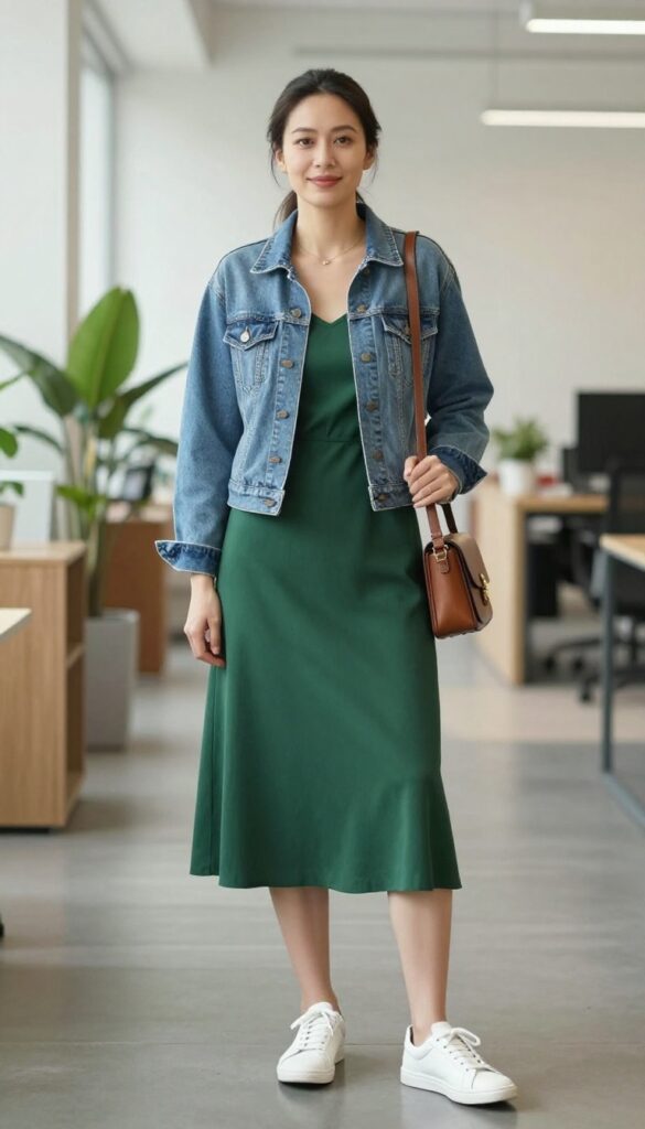 5. Denim Jacket + Slip Dress + White Sneakers