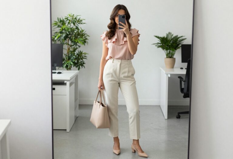 Woman in pink ruffled blouse and cream trousers standing in a bright office