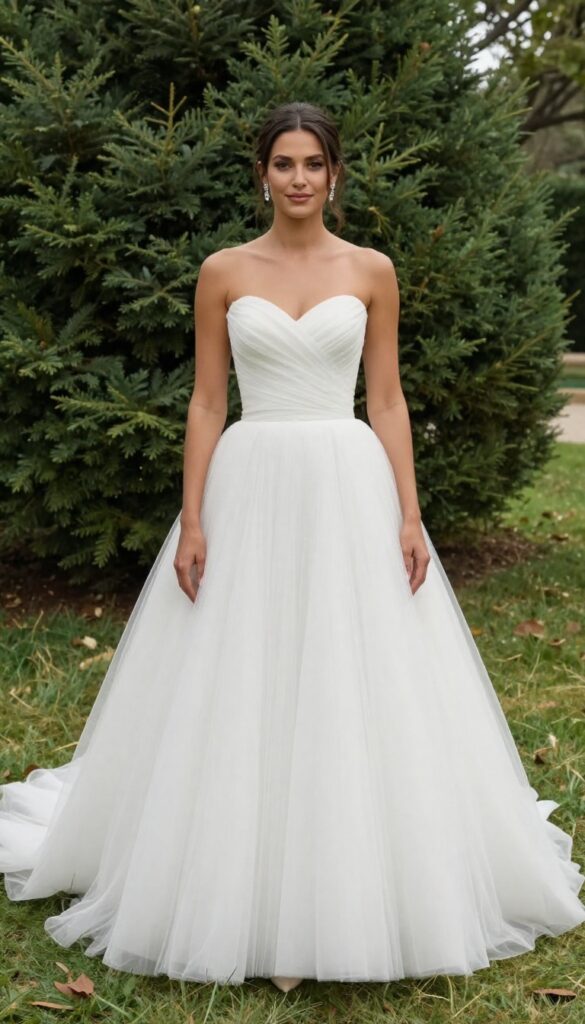 Adult woman in classic white ball gown with sweetheart neckline and full tulle skirt, standing in grand church aisle with soft natural light, modern updo and crystal drop earrings.
