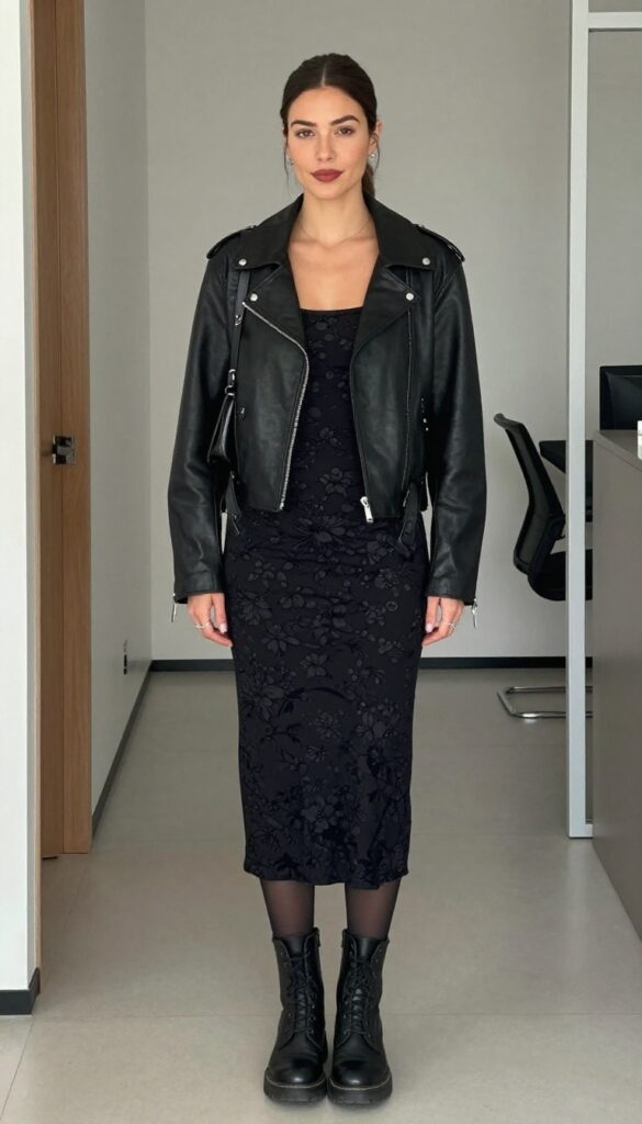 4. Dark Floral Midi Dress with a Leather Jacket
