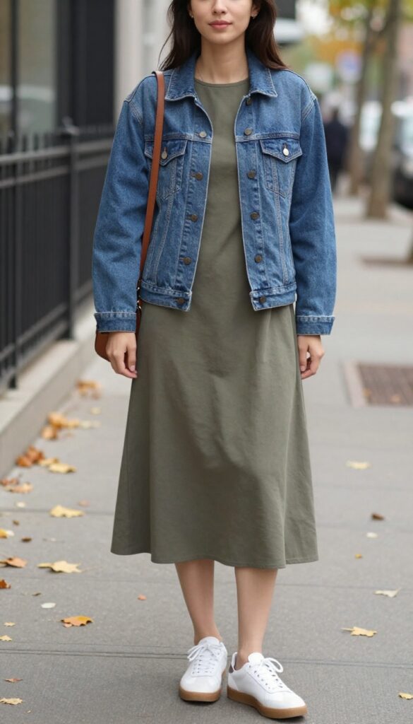 1. Denim Jacket + Slip Dress + White Sneakers