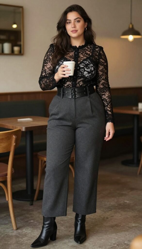 2. Lace Blouse with High-Waisted Wide-Leg Trousers