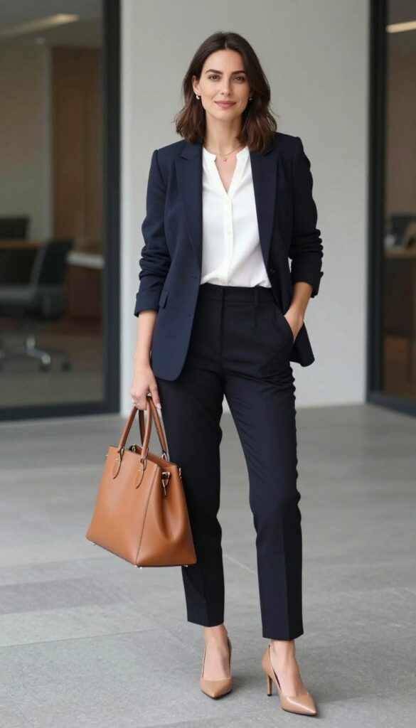 1. Classic Navy Blazer with White Blouse and Tailored Trousers