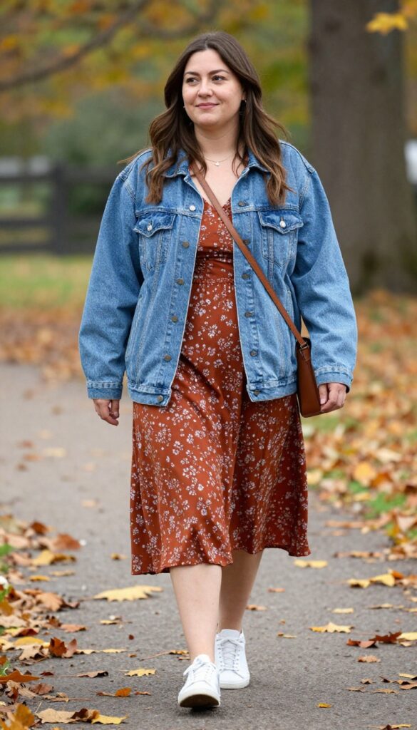 6. Denim Jacket with a Midi Dress and Sneakers