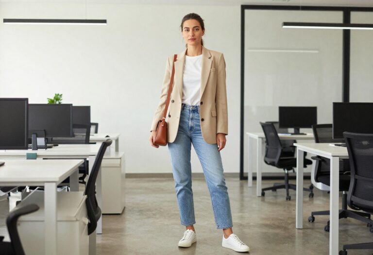 Young woman in beige blazer, graphic tee, jeans, and white sneakers in a modern office lobby