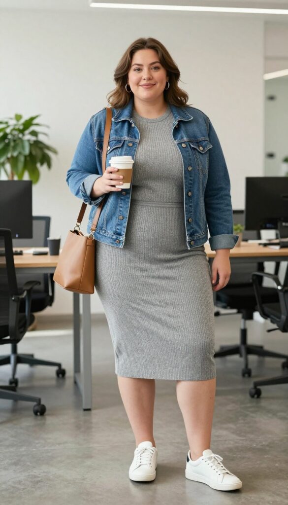 1. Soft Knit Midi Dress with a Denim Jacket