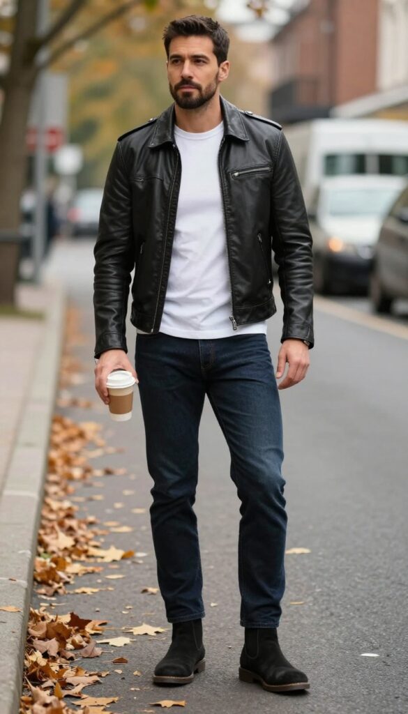 6. Leather Jacket with Slim Jeans