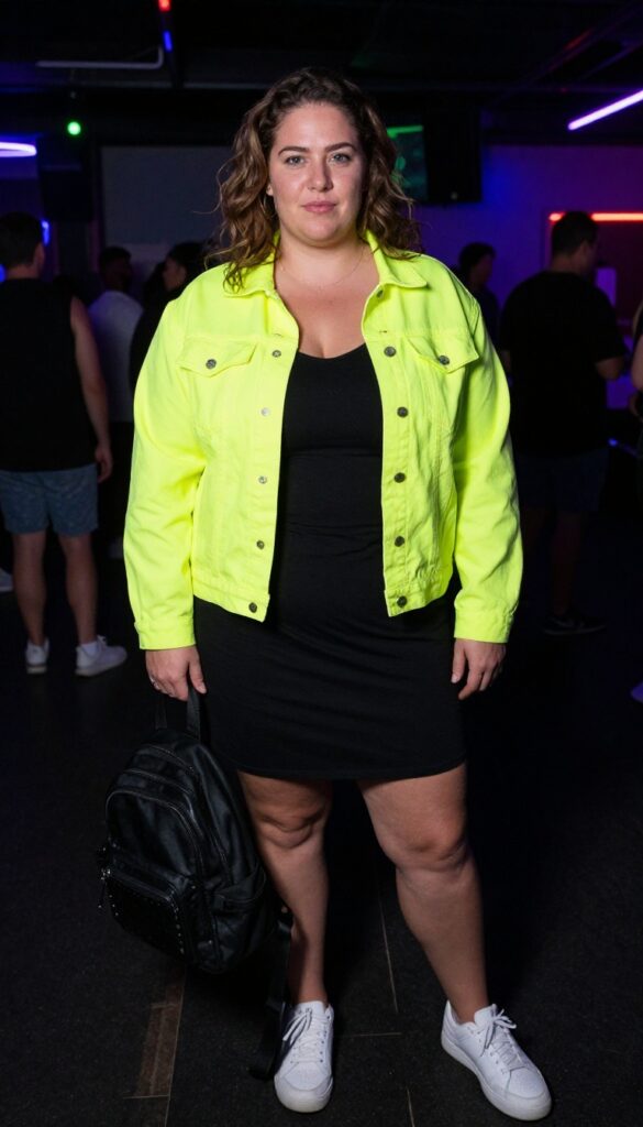 8. Neon Denim Jacket with a Simple Dress