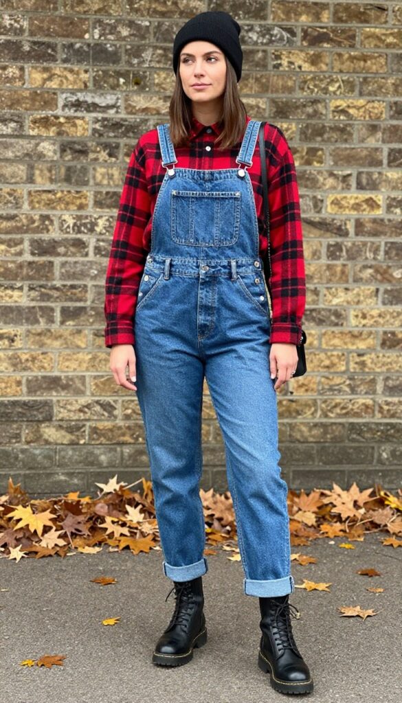 8. Plaid Button-Down Under Denim Overalls with Boots