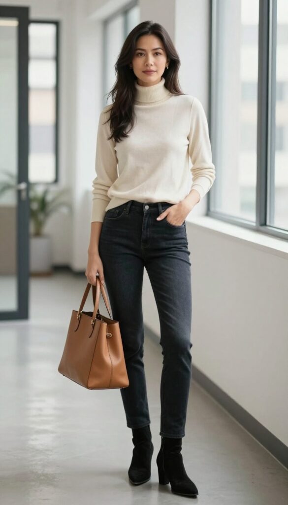 3. Turtleneck + Dark Wash Skinny Jeans + Ankle Boots