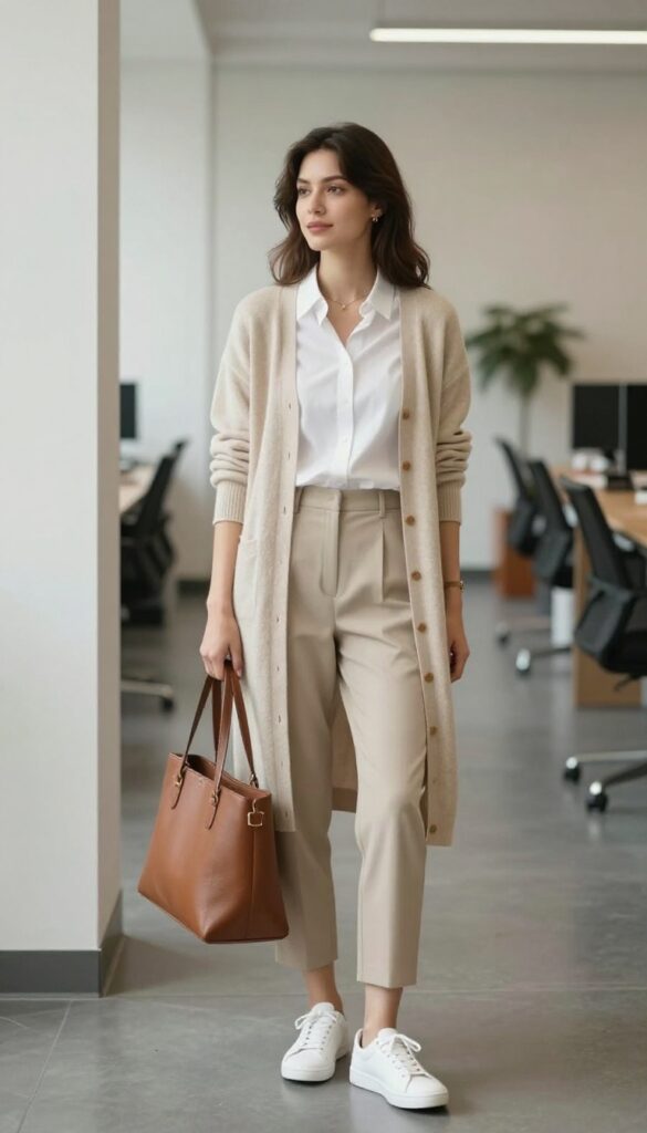 5. Cardigan + Button-Down + Cropped Pants + Minimalist Sneakers