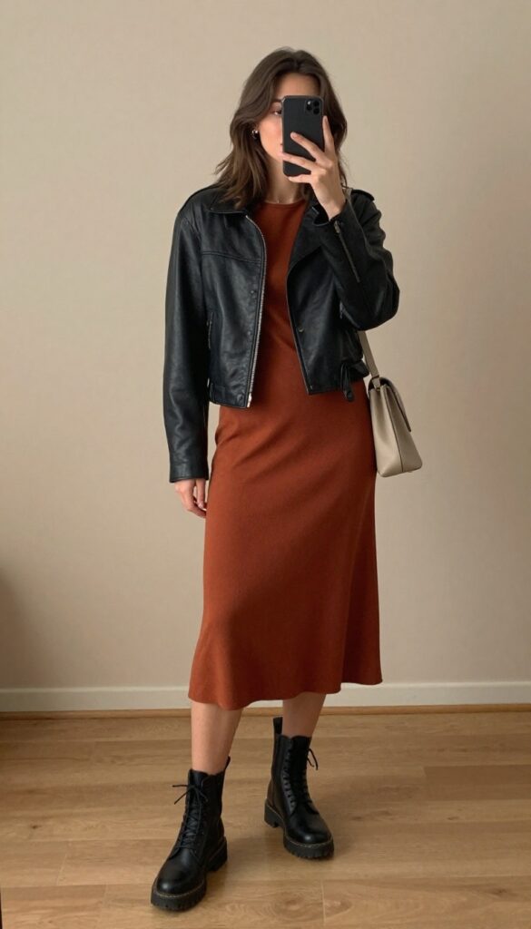5. Leather Jacket with a Midi Dress and Combat Boots