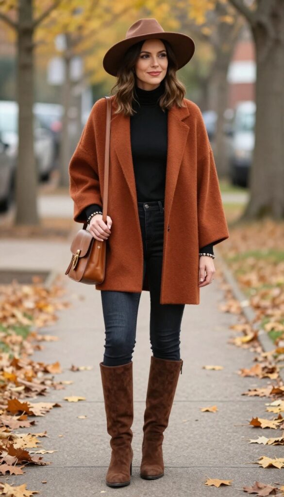 4. Oversized Poncho with Skinny Jeans and Knee-High Boots