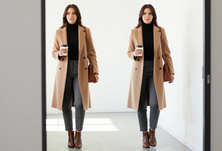 Woman in camel coat, black turtleneck, grey trousers, and brown ankle boots standing in office hallway