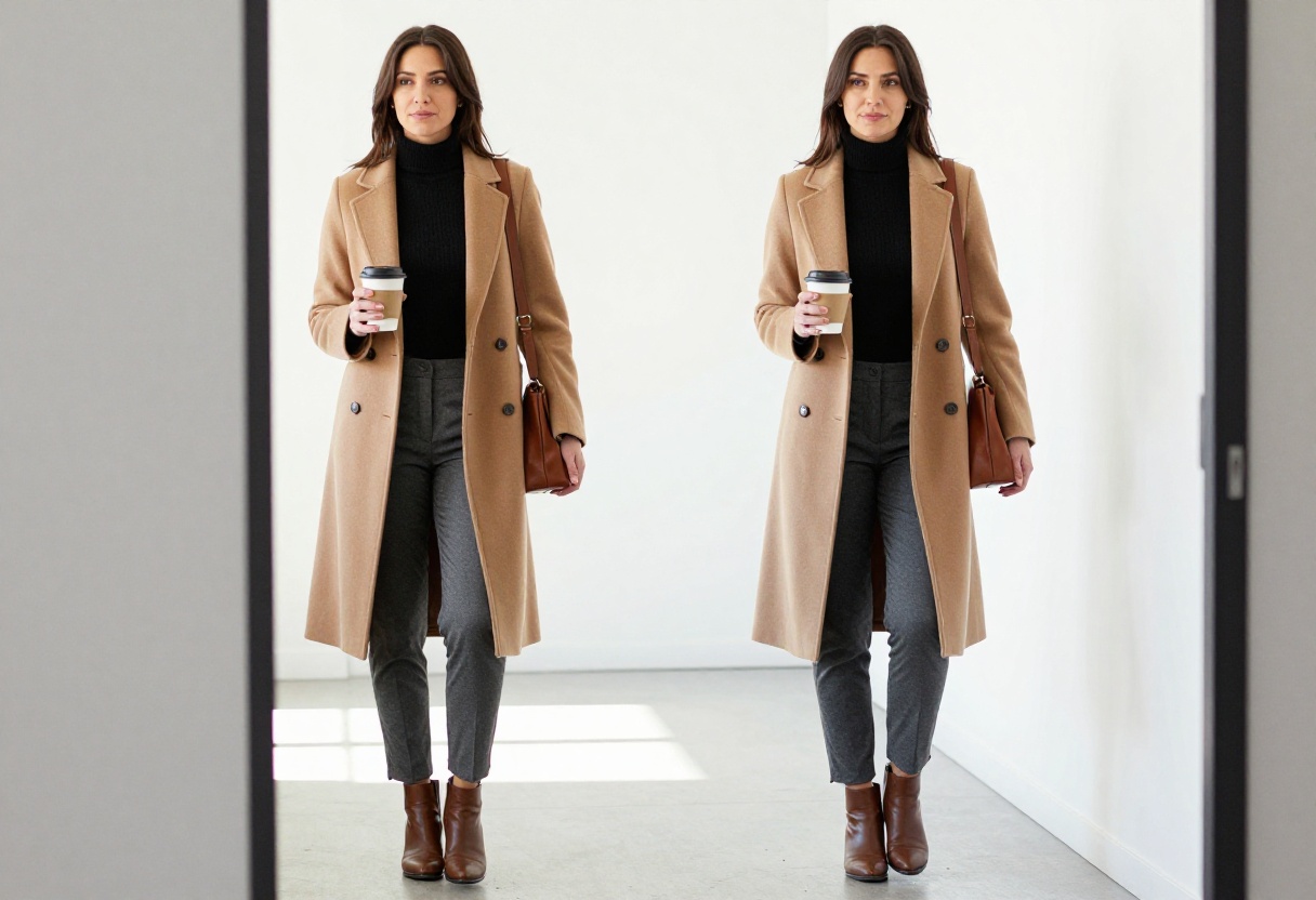 Woman in camel coat, black turtleneck, grey trousers, and brown ankle boots standing in office hallway
