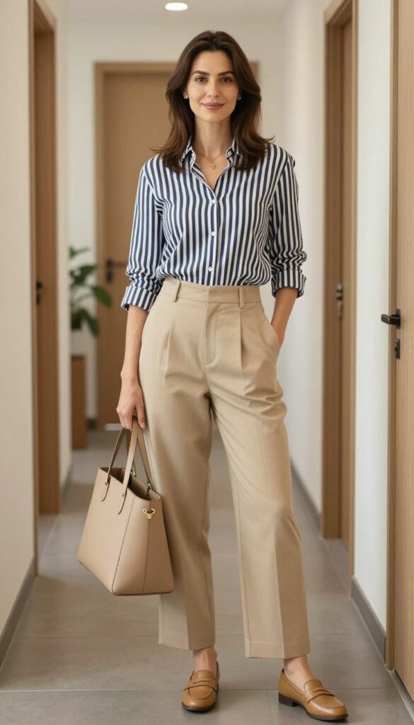 8. Striped Button-Down + Beige Wide-Leg Trousers