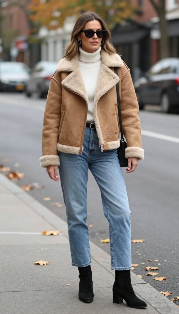 13. Shearling Jacket + Mom Jeans + Ankle Boots