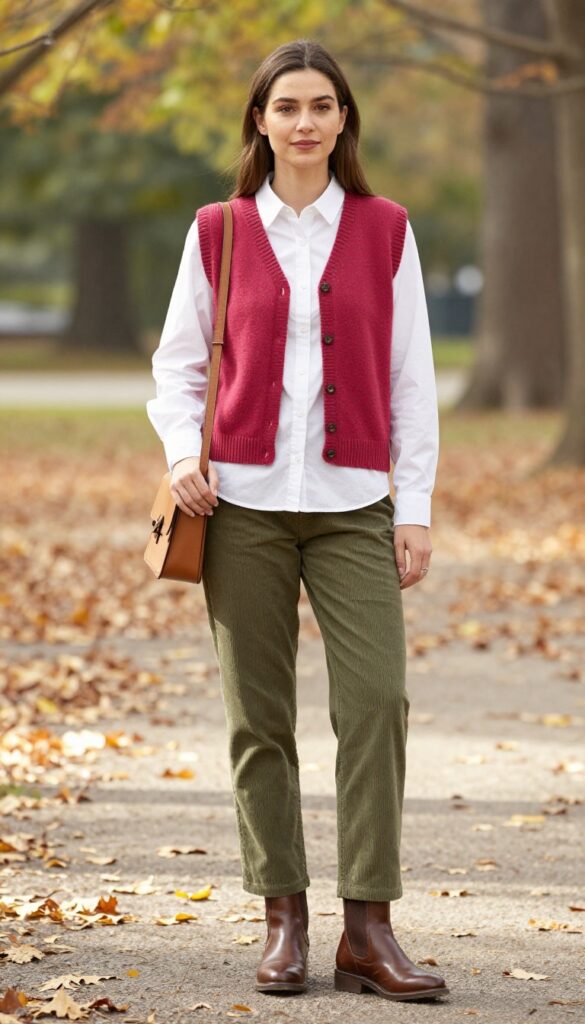 5. Rose Knit Vest with Button-Down Shirt and Corduroy Pants