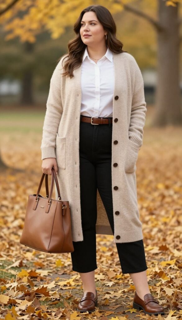 15. Cardigan + Button-Down + Cigarette Pants + Loafers