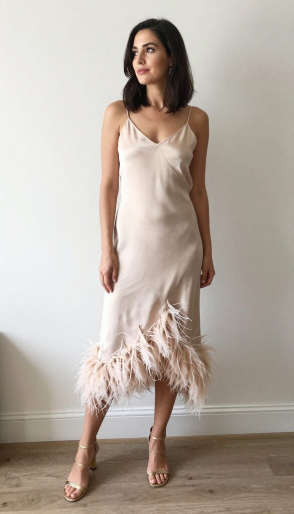 Emily Ratajkowski-inspired slip dress with feather trim outfit