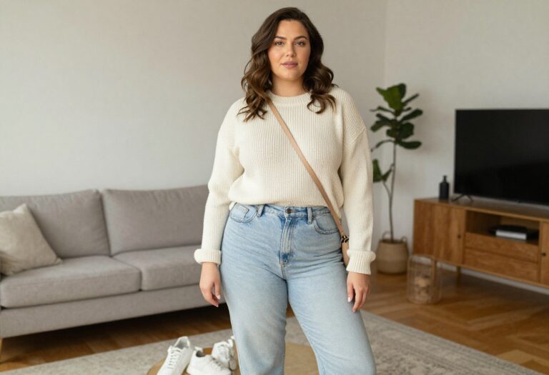Plus size woman in trendy casual outfit with sweater and jeans