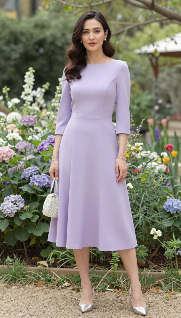 A woman in a periwinkle boat neck wedding dress with elbow-length sleeves, silver kitten heels, and a beaded handbag, standing in a blooming garden.